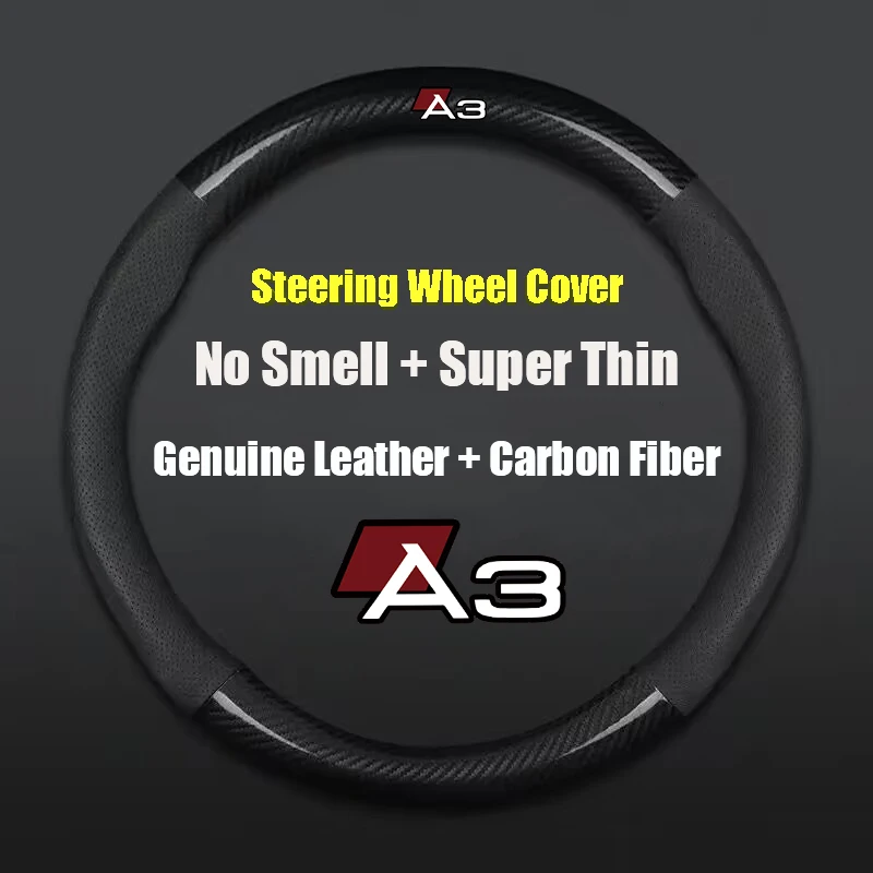 

For Audi A3 38cm Non-slip Car Steering Wheel Cover Carbon Fiber Ultra-thin Leather Auto Interior Accessories