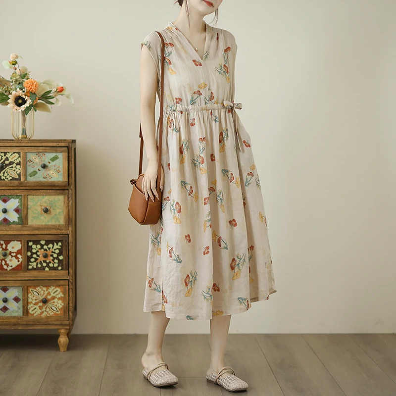 Robe longue en coton et lin pour femmes, imprimé Floral rétro, élégante, ample, décontractée, style Boho, plage, nouvelle collection été