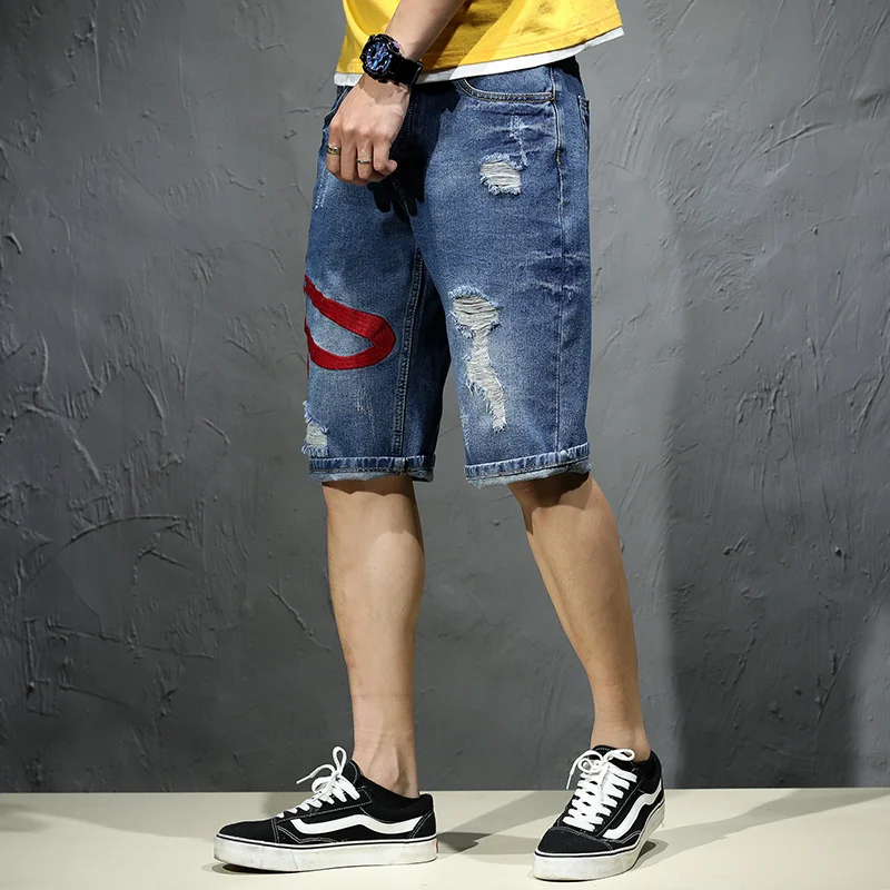 

Stitching Embroidery Design Fashion Holes Denim Shorts Men2024New Loose plus Size Summer Cropped Pirate Shorts