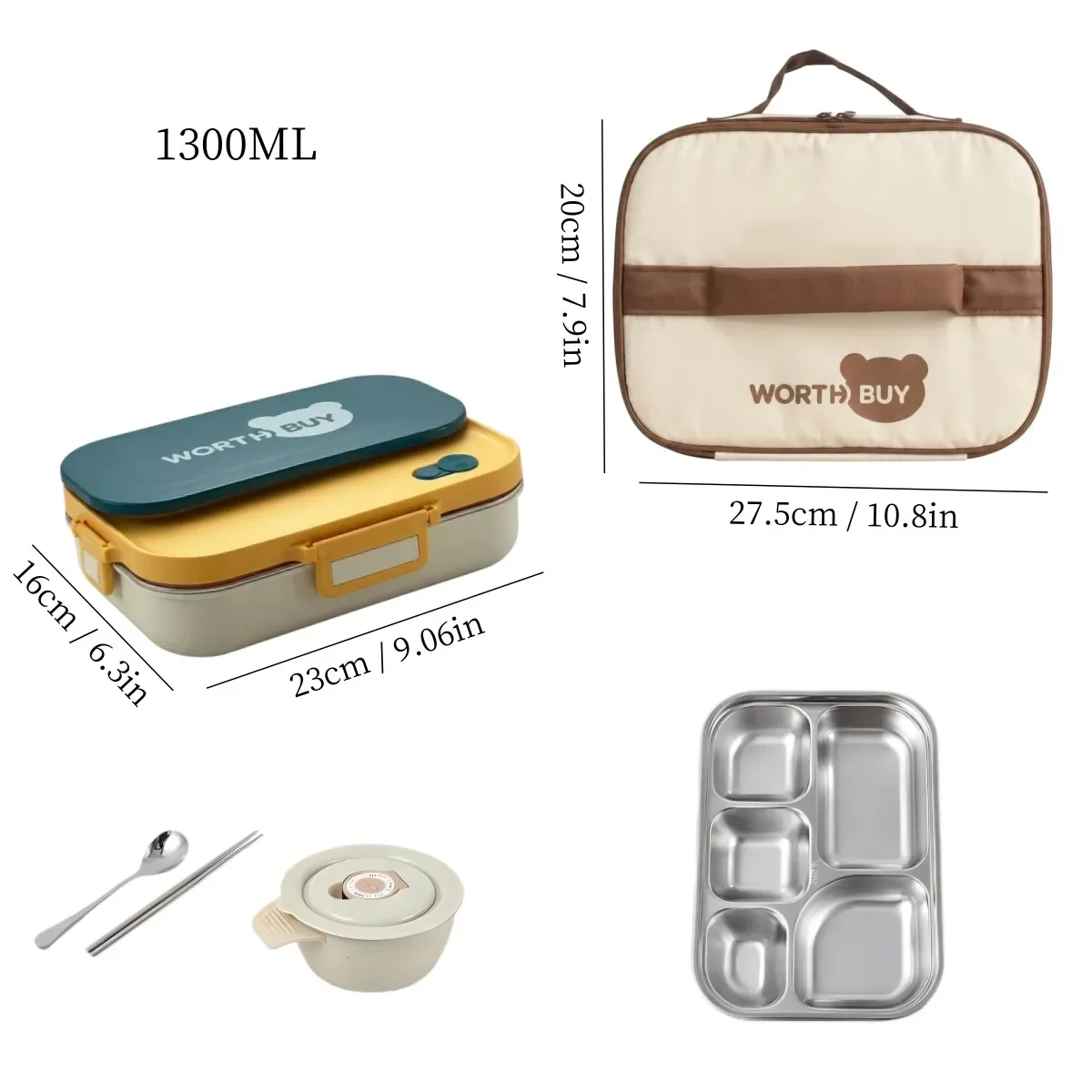 Magnetronbestendige lunchbox van 304 roestvrij staal, met vakken, lekvrije voedselcontainers, soepkom en bestek, geschikt voor kinderen en volwassenen.