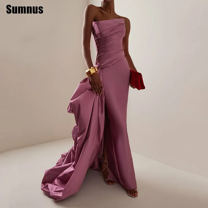

Sumnus Elegant Mermaid Evening Dress Strapless Pleats High Side Slit Prom Dresses With Train فساتين سهرة Customized