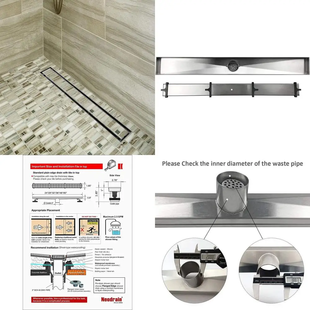 

28-дюймовый линейный душевой трап из матовой нержавеющей стали с вставкой под плитку и сеткой для волос