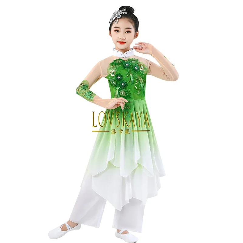 Vestido de baile de Jasmine Flower Yangge para niños, vestido de baile clásico con sombrilla, ventilador étnico, nuevo