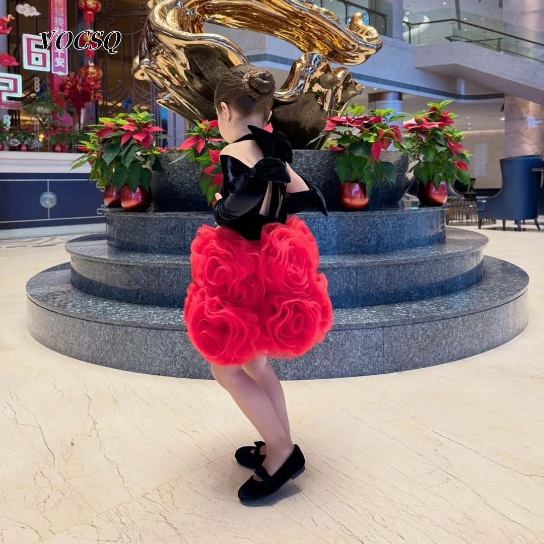 Flower Girl Dress Elegant Pageant Performance Dress 3D Flower Skirt Bow Gloves Wedding Birthday Formal Party Gown Customized