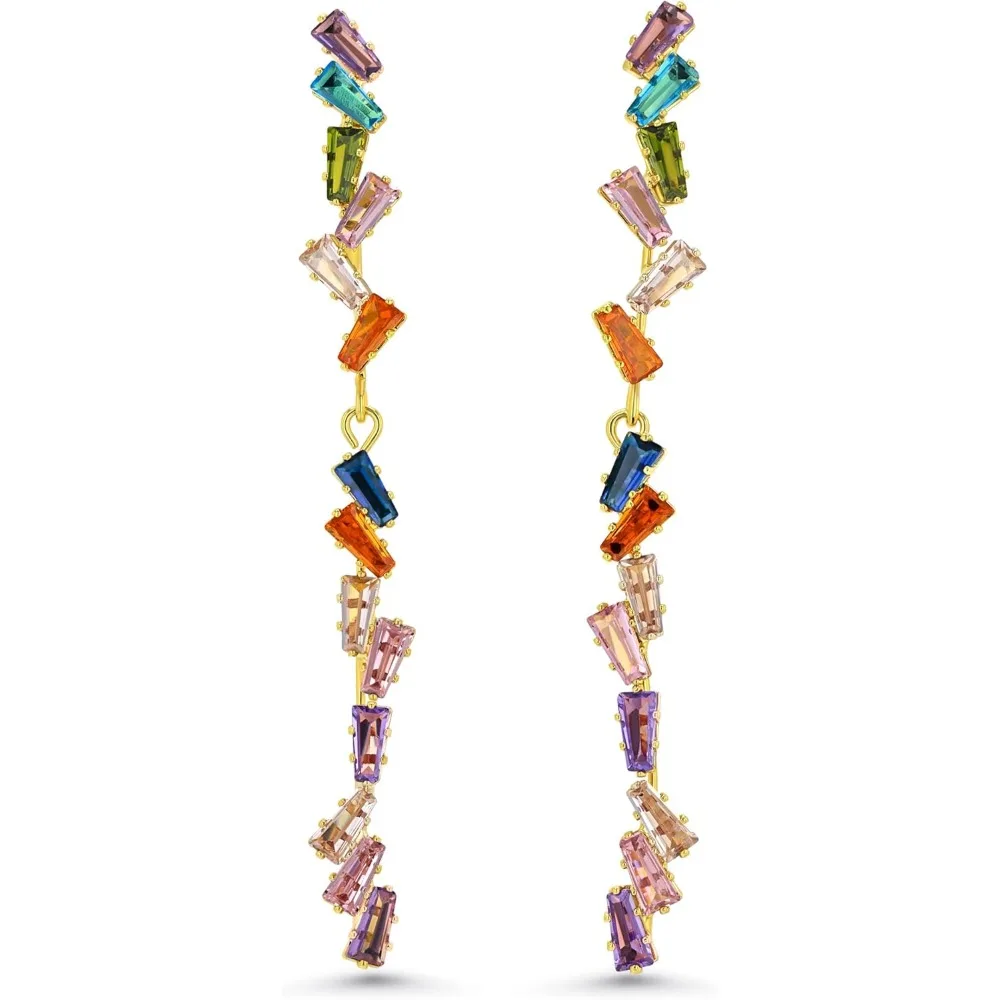 

18K Gold Plated Long Colorful Gemstone Linear Drop Earrings Multi Rhinestone Stud Statement Chic Boho Gift for Women