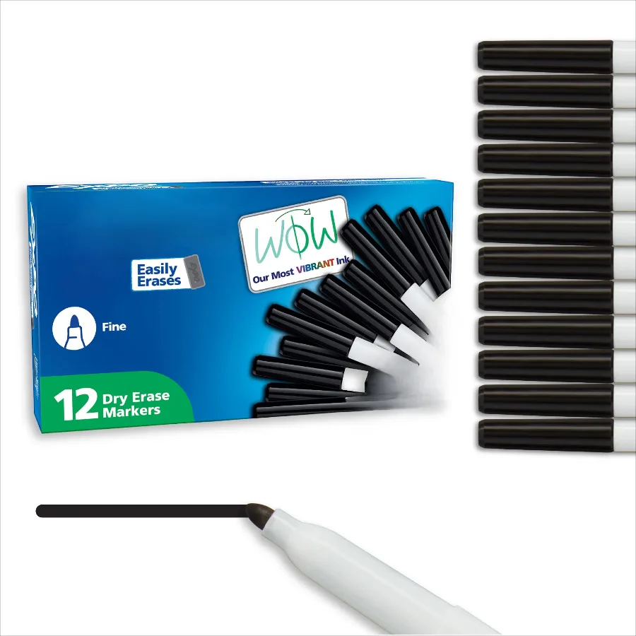 

Magnetic Dry Erase Markers with Eraser, Black, Fine Tip, 12 Count