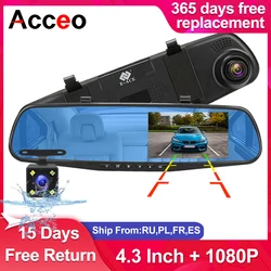 Dashcam 4.3Inch 1080P IPS Car DVR Driving Recorder Rearview Mirror Dual Lens Car Recorder Support Rear View Camera Black Box