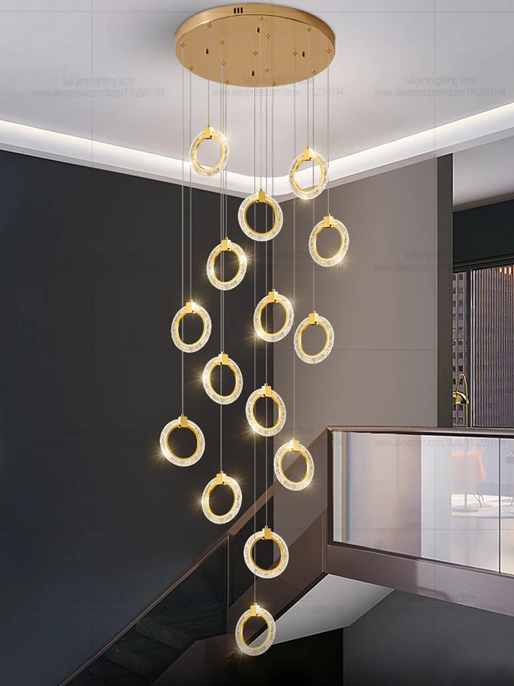 Modern LED Circular Chandelier Villa Luxurious Staircase Pendent lamp Hanging Living room Pendant light Indoor Lighting Fixtures