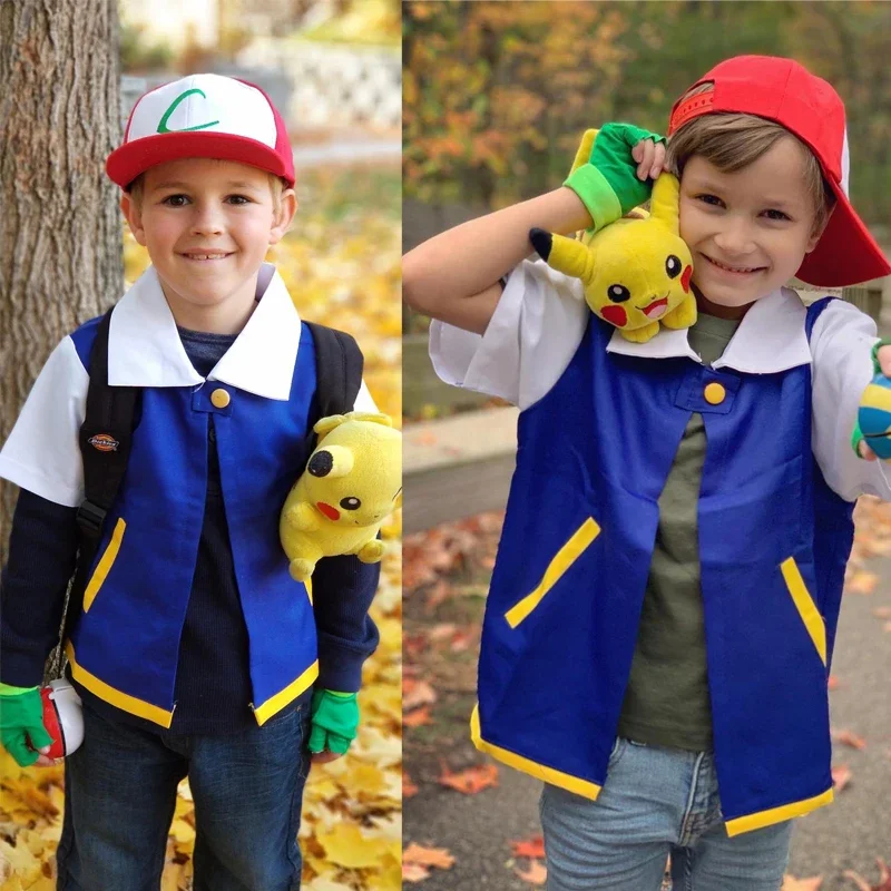 Ash Ketchum Anime Trainer Traje para Homens e Mulheres, Jaqueta Azul, Conjuntos de Boné e Luvas, Cosplay Adulto, Festa de Halloween, Meninos, Meninas