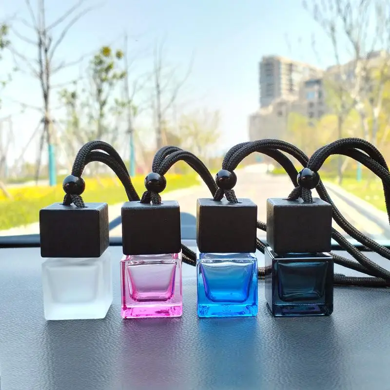 Empty Glass Perfume Bottle Pendant for Car - Black-Covered Mounted Fragrance Diffuser Square Design