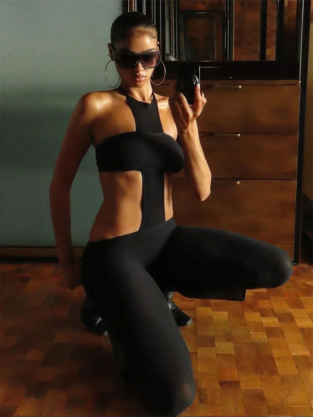 Women Sexy Backless 2 Piece Set  Stretch Tube Top+Skinny Halter Jumpsuit Fitness Street Matching Party Club Overalls