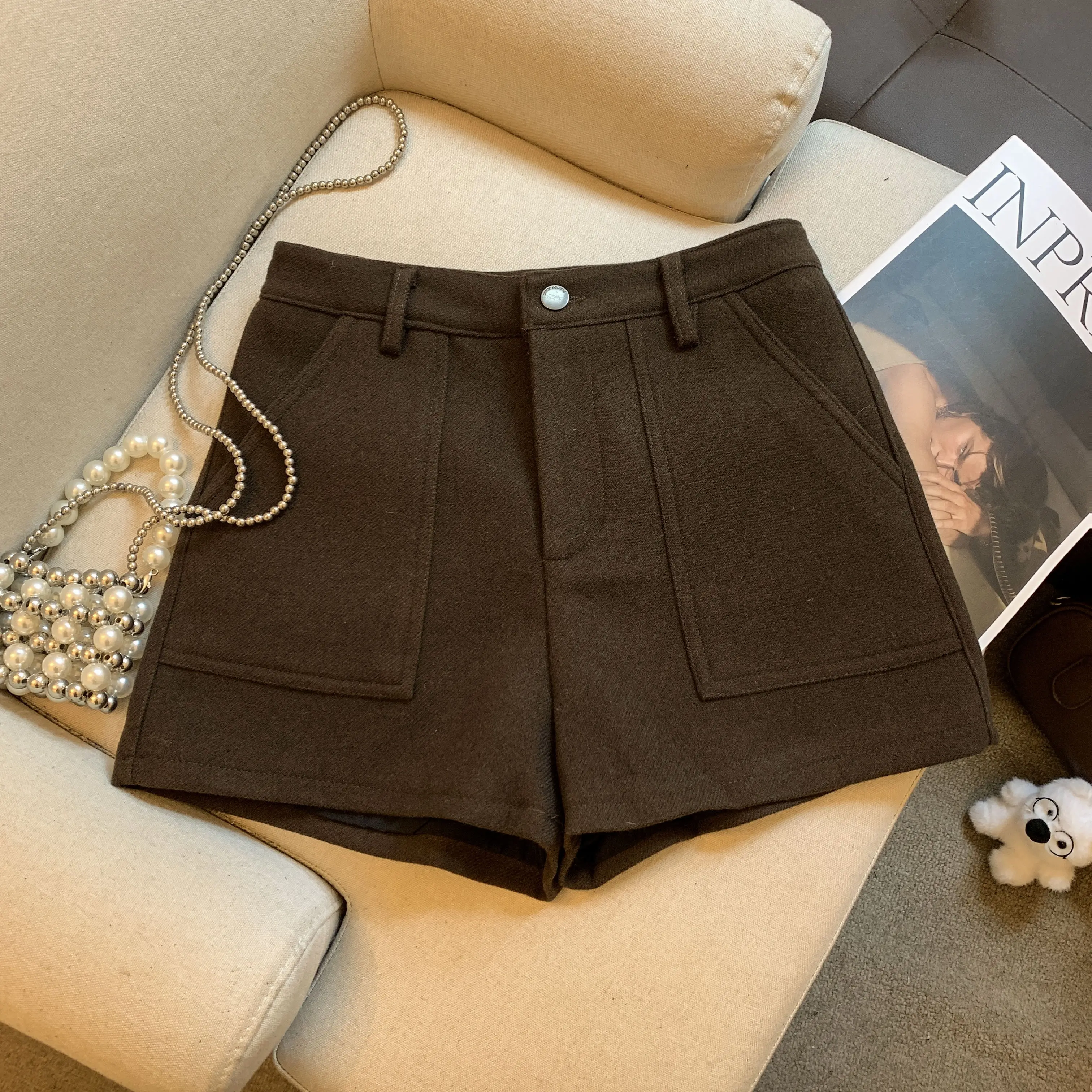 Shorts Femininos de Lã e Mistura para Outono Inverno, Cintura Alta, Cor Sólida, Estilo A-Line