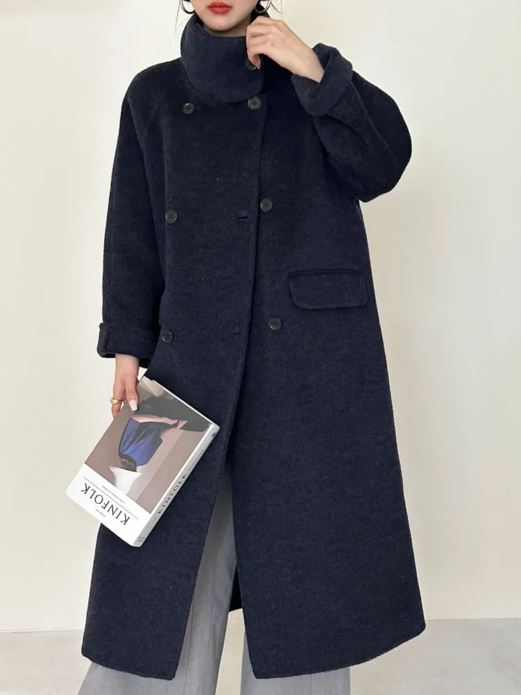 ZMEENNA Zweireihiger Damenmantel aus Wollmischung mit Stehkragen, übergroße lange Winterjacke, elegante Oberbekleidung ZM3820
