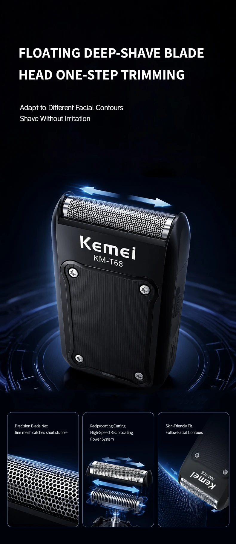 Kemei T68 Elektrorasierer für Männer wiederaufladbar Original Typ C der beste Herrenrasierer – Detail 3