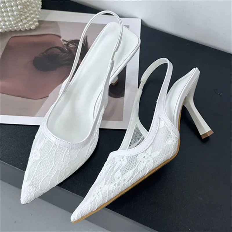 

Summer Sexy Breathable Mesh Flower Pointed Toe Women Pumps Elegant Slingbacks Thin Heels Banquet Shoes Zapatos De Mujer