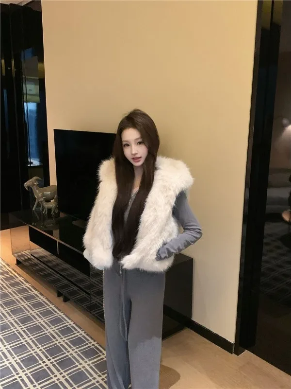 

Корейский стиль: женский комплект из трех предметов с толстовкой, теплым жилетом из искусственного меха и повседневным осенним нарядом без рукавов