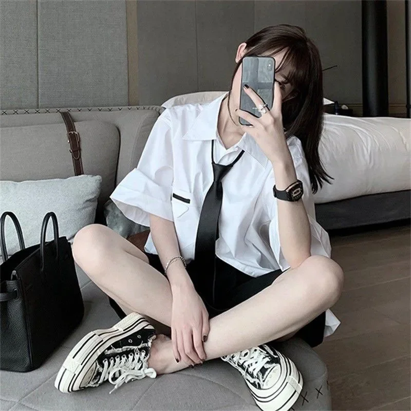 Preppy Style White Women Shirts Harajuku Jk Loose Student Short Sleeve Blouses Woman Fashion School Loose Blusas