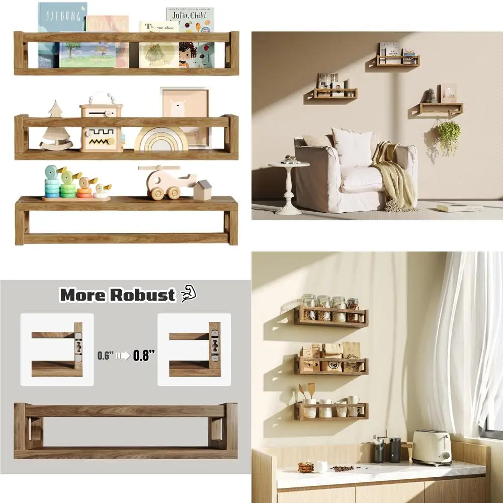 

Solid Wood Floating Wall Shelves - Dark Walnut Brown for Bedroom, Kids Room, Nursery, Books, and Decor