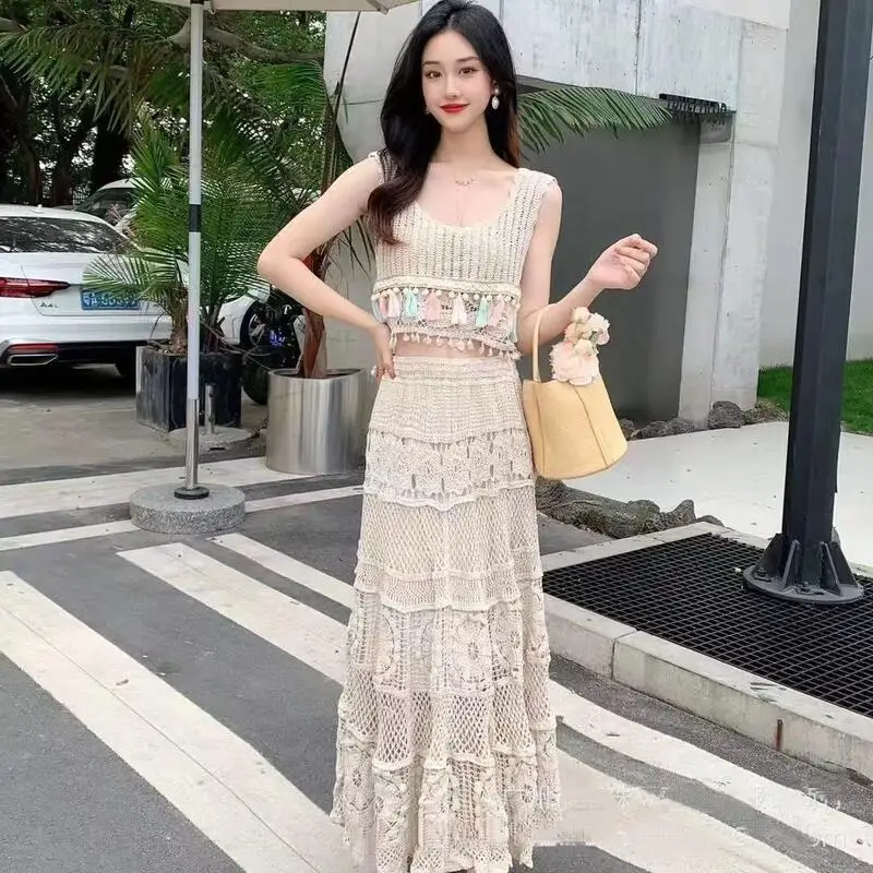 2026Summer New Women Bohemian Vacation Style Color Blocked Wave Hook Flower Korean Edition Super Fairy Fresh Skirt Two Piece Set