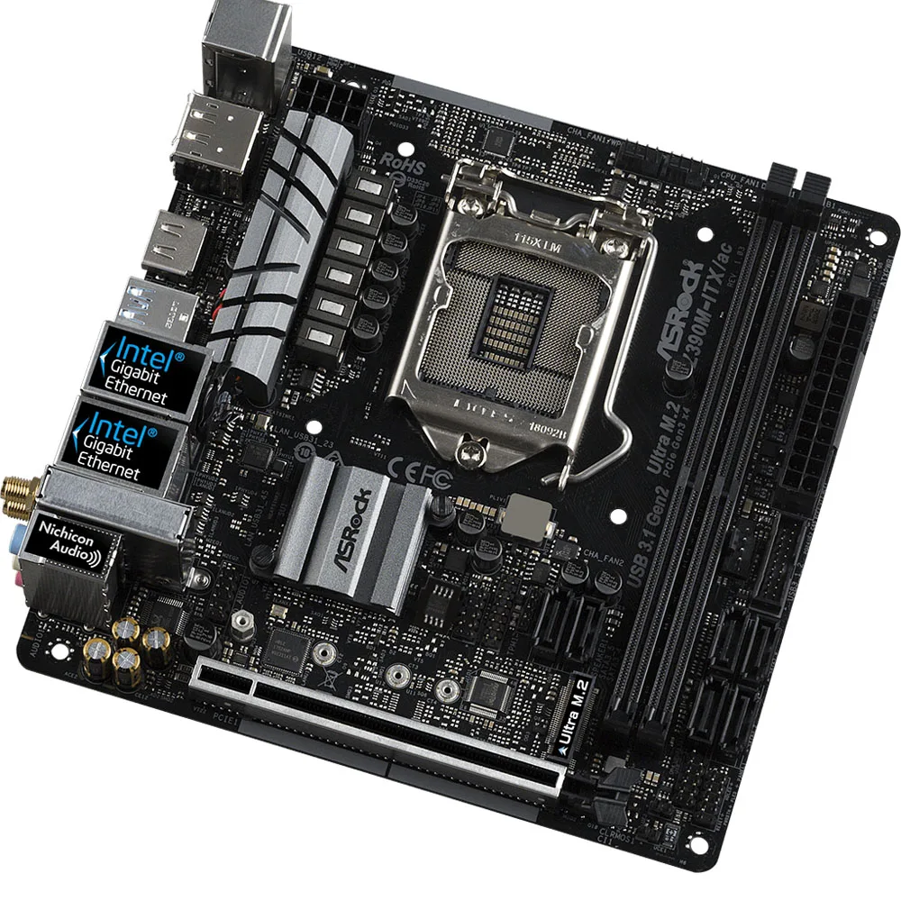 لوحة أم Asrock Z390M-ITX/ac مستعملة LGA1151 2x DDR4 64G SATA3 6Gb/s LAN لاسلكي WiFi ITX Z390M M.2 NVMe