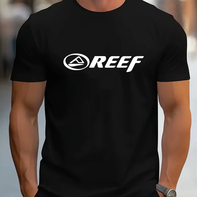 Nueva Camiseta Casual de Cuello Redondo para Hombre, Tejido de Punto de Algodón, Ligeramente Elástica, Corte Regular, Diseño con Letras REEF, Moderna y a la Moda