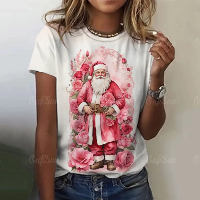 T-Shirt Vintage con stampa di babbo natale magliette a tema natalizio maglietta rosa a maniche corte da donna oversize abbigliamento da festa per il