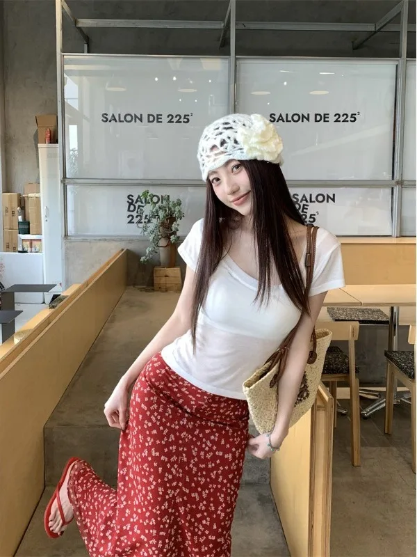 

Ретро-комплект: футболка с коротким рукавом и облегающая юбка-халтер с цветочным принтом для женщин, летний, с высокой талией, красный цветочный принт