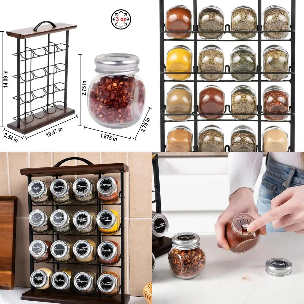 

Полка для специй из дерева акации и металла, емкость 16, специй в комплекте, черный и коричневый, для хранения приправ