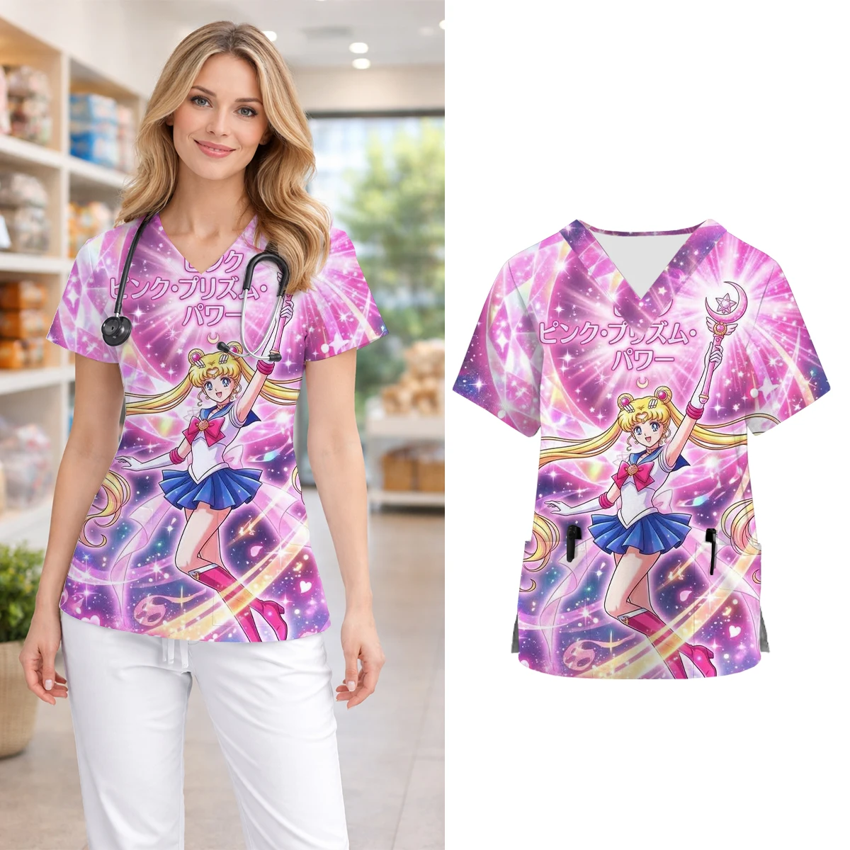 Summer Women's V-neck Nurse Short-sleeved Pocket Medical Uniform Casual Girl Fighting Print Nursing Workwear Clinic Shirt