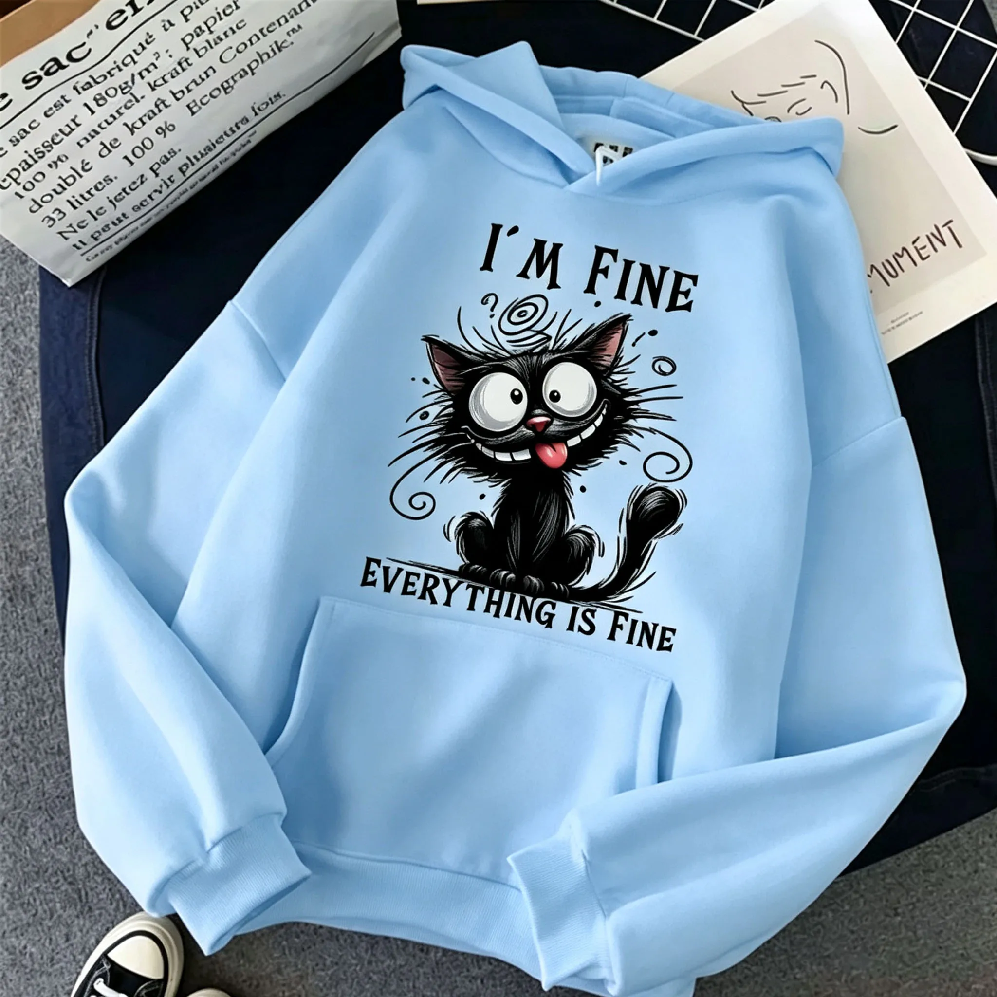 Damen „I'm Fine Everything Is Fine“ Schwarzer Katzen-Hoodie Lässiger Loser Langarm-Kapuzenpullover Lustiger Cartoon-Pullover Streetwear – Detail 8