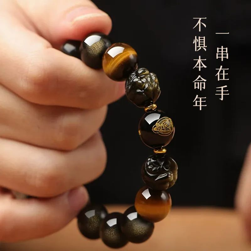Chinese Style Lucky Natural Gold Sheen Obsidian Tiger Eye Stone 12mm 14mm Chinese Zodiac Wealth Attracting Pixiu Bracelet For