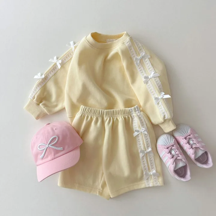 2024 Autumn New Children Long Sleeve Clothes Set Girls Lace Bow Sweet Princess Suit Cotton Kids Solid Casual Shorts Outfits