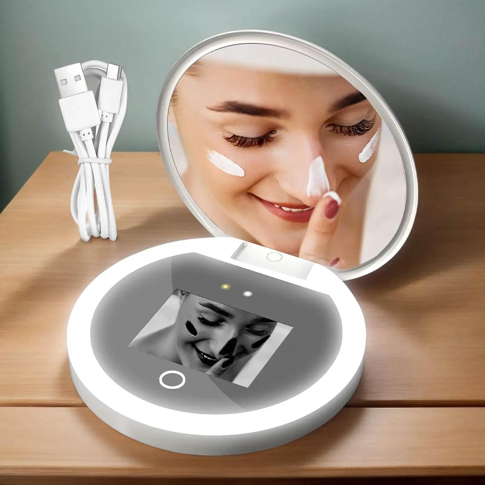 Novo uv inteligente protetor solar espelho de maquiagem protetor solar espelho de detecção uv protetor solar teste portátil led luz espelho de maquiagem