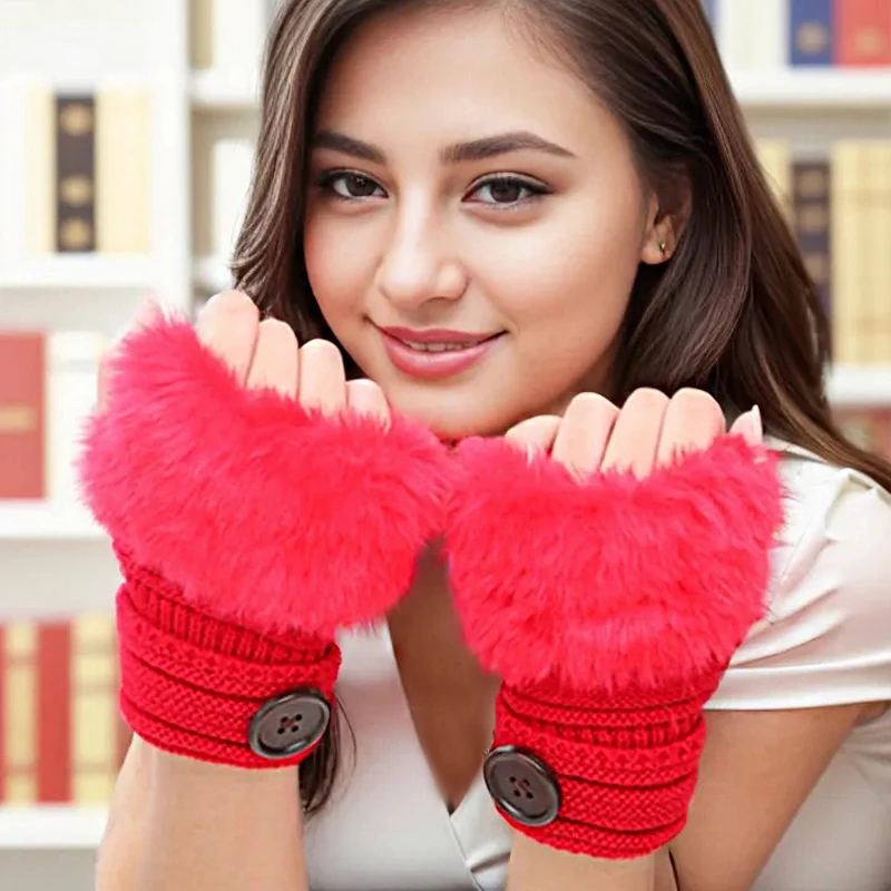 Autumn Winter Solid Color Students Write Keep Warm Knitted Lady Fingerless Work Wrist Gloves Women Adolescent Acrylic Fibers