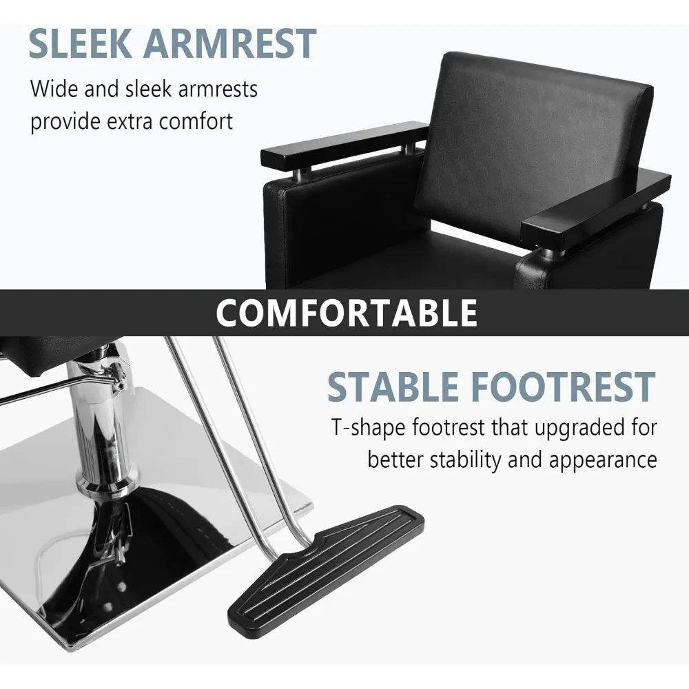 كرسي تصفيف هيدروليكي لصالونات الشعر - كرسي حلاق حديث بقاعدة مربعة ومسند للقدمين وميزات دوارة 360 درجة ومريحة