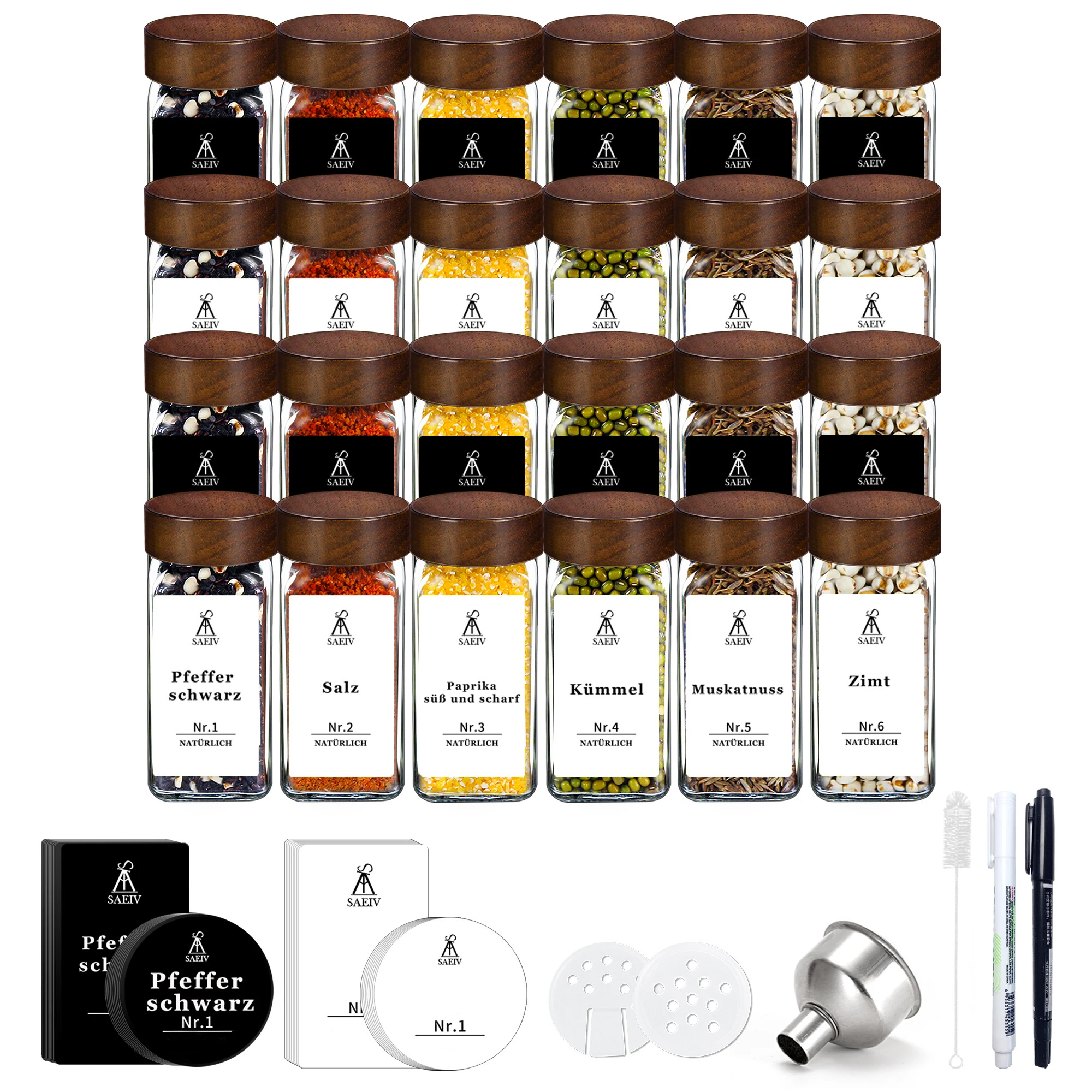 SAEIV Quadratische gewürzgläser mit Akazienholzdeckel | 120 ml Gewürzbehälter aus Glas | Set enthält Etiketten, Trichter, Reinigungsbürste und Stift | Luftdicht und auslaufsicher | BPA-frei | küchen organizer – Detail 2