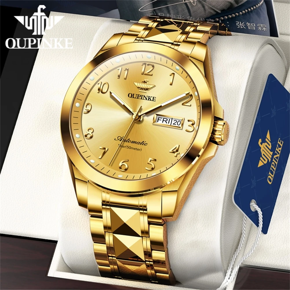 

OUPINKE Gold Luxury Men's Watches Tungsten Steel strap Waterproof Automatic Mechanical Watch Week Calendar Dress Original Watch