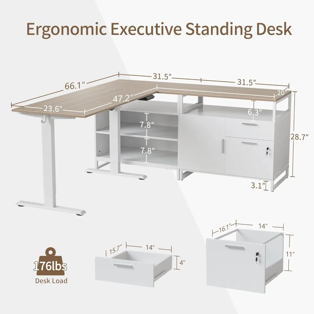 Mesa elétrica em forma de L com armazenamento, altura ajustável da mesa executiva, nogueira clara