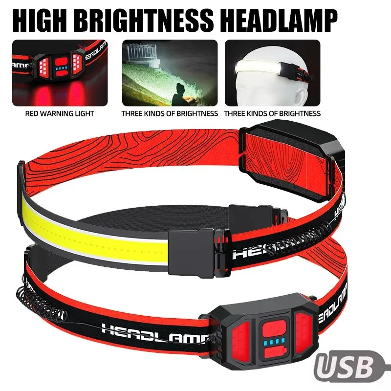 Head Flashlight LED Headlamp USB Rechargeable Head Lamp Withe Red Tailight Outdoor Camping Running Lamp Hiking Hat Headlight