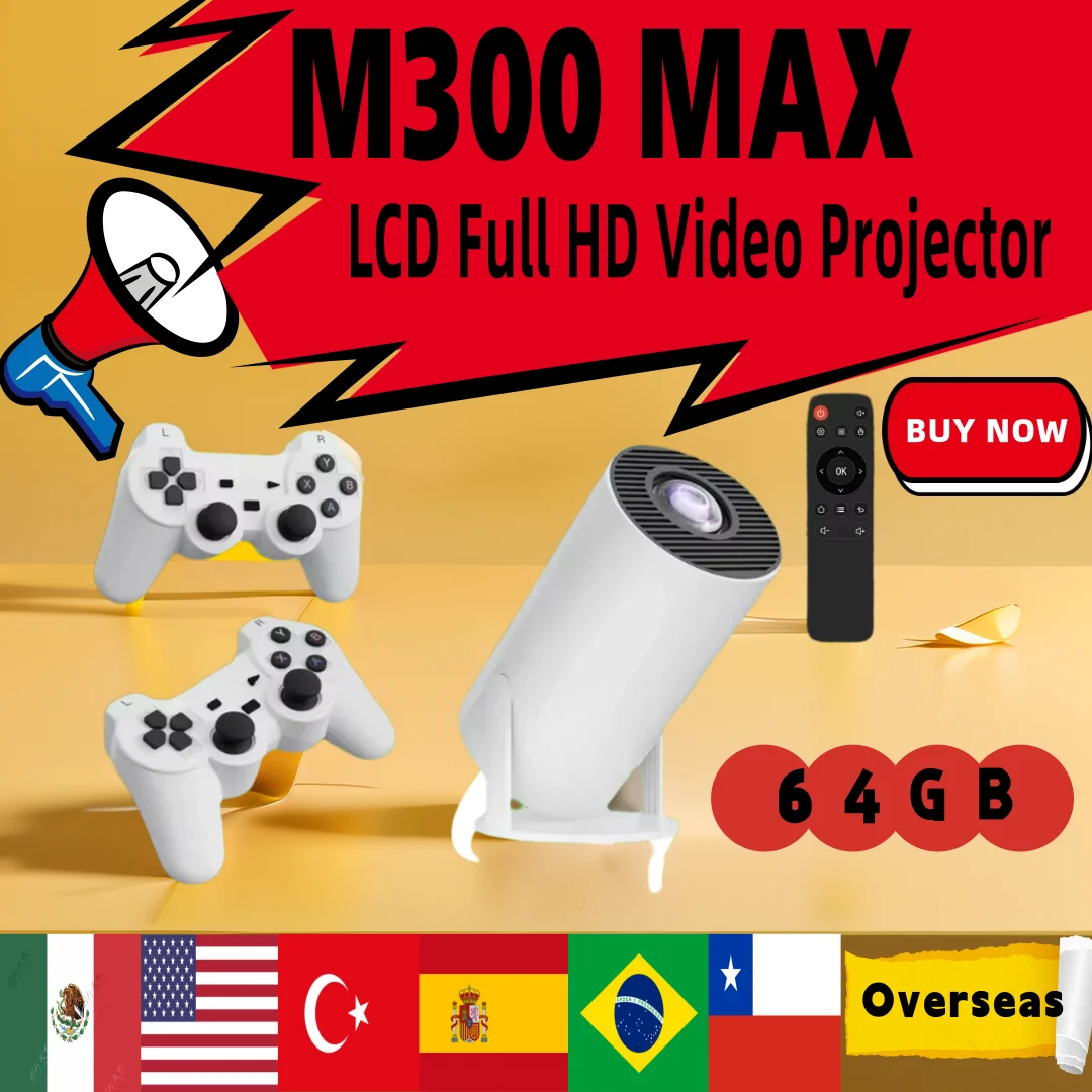 

M300 MAX Retro Video Game Consoles Mini Portable Intelligent Projector Home Projector Android11 System 720P 64GB Games For Gifts