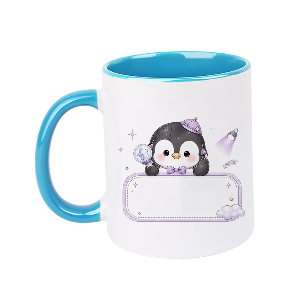 11oz Cute Penguin with Star Magic Wand Ceramic Coffee Mug Purple Hat Design Tableware for Home Party Holiday Present Christmas B