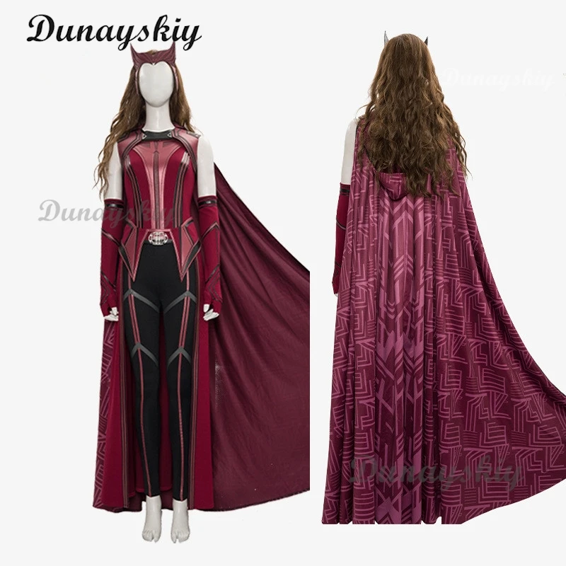 P-Jsmen Female Wanda Maximoff Cosplay Costume Scarlet Witch Headwear Cloak and Pants Full Set Outfit Halloween Accessories Props