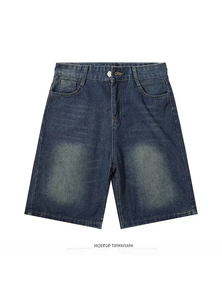 

Мужские модные летние утягивающие повседневные свободные брюки с пятью точками в американском стиле ретро, молодежные прямые джинсы