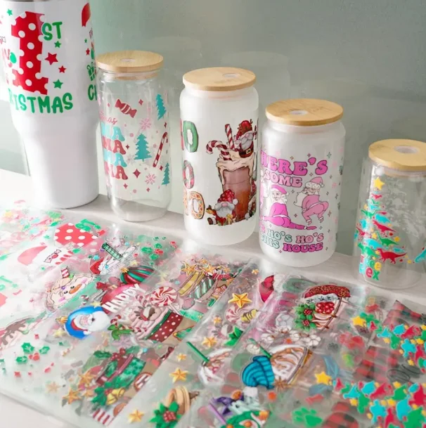 Customized UV transfer cup packaging stickers, waterproof and durable, Christmas packaging transfer labels