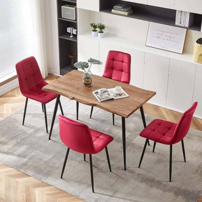 5-Piece Dining Table Set, 47 in Modern Irregular Rectangle Kitchen Table & 4 Velvet Upholstery Side Chairs, Metal Legs,Set for 4