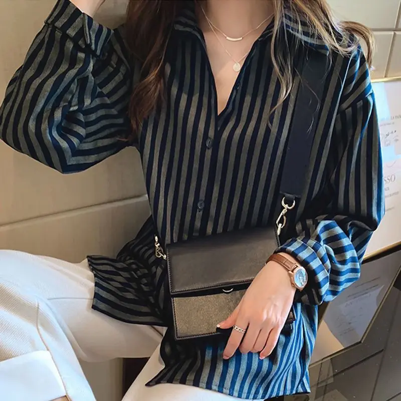Lazy Vibe Striped Shirt Women Early Autumn 2026 Casual Student Boyfriend Fit Long Sleeve Trendy Versatile Top