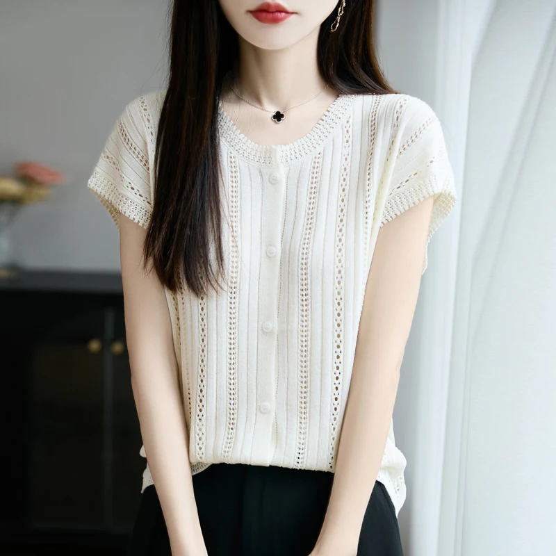 2025 Summer Hollow out style Cardigan Women Knitted Tencel Flax Blend Sweater Round Neck Short sleeves High Quality Loose Tops