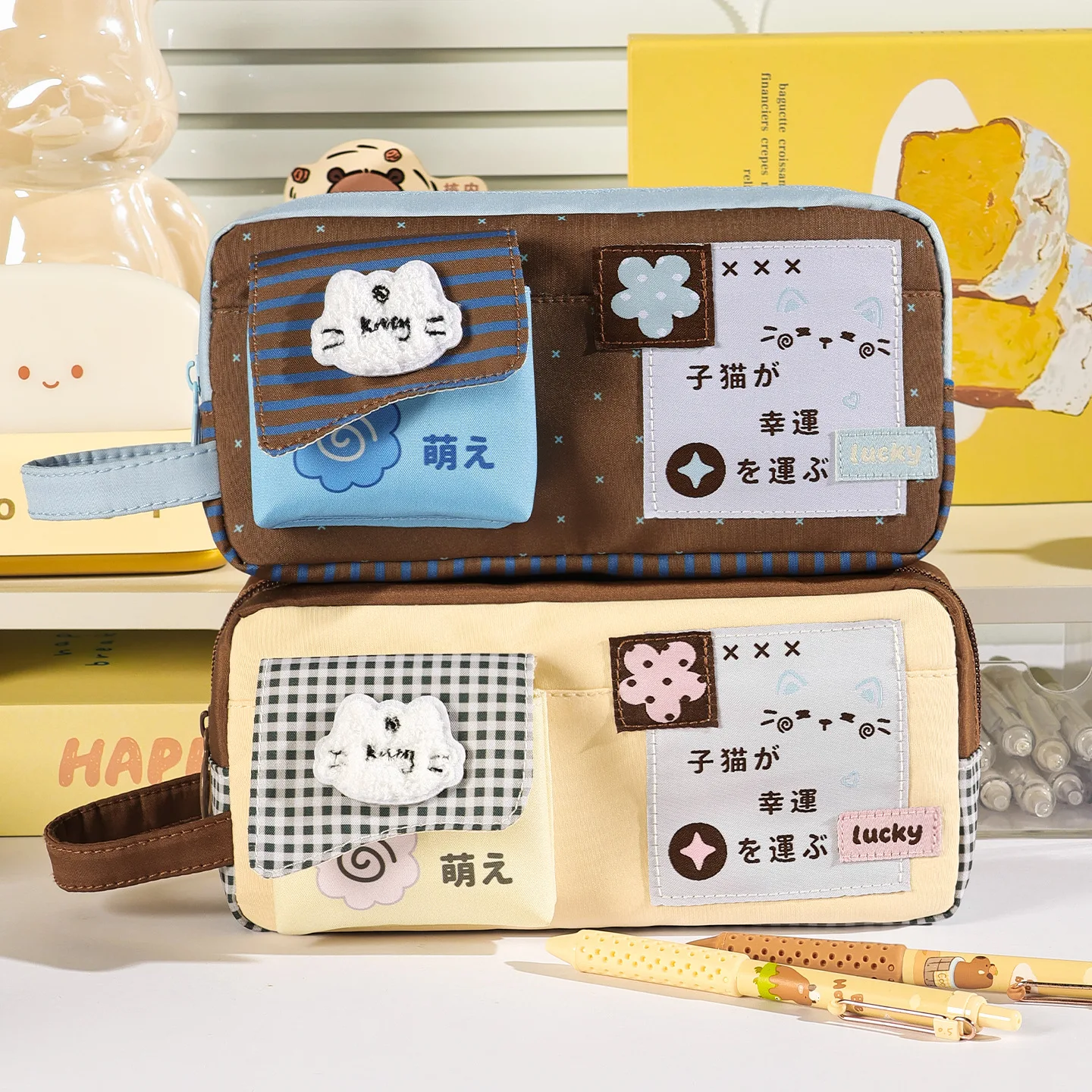 Retro Splicing Pencil Case Plush Kitty Patch Pencil Pouch Grid Front Pocket Stationery Organizer for Girls Teen School Supplies