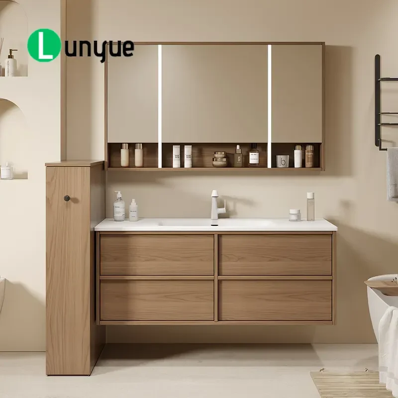 Oak Bathroom Vanity with Integrated Ceramic Basin Seamless Rock Slab Countertop Modern Wall Mounted Washbasin Cabinet Combo