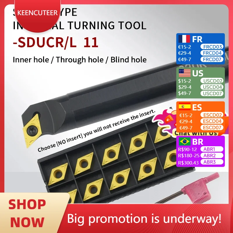 

1 pc S16Q-SDUCR/L11/S20R-SDUCR11/S25S-SDUCR11/S32T-SDUCR11 internal tool holder DCMT11T304 insert Combination Stainless Steel